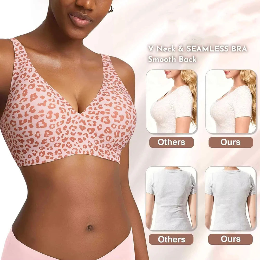 Deep V Jelly Bras Wireless Comfortable Bra Supportive No Underwire Bras Tshirt Push Up Bralette Pink Leopard Plunge Seamless Bra