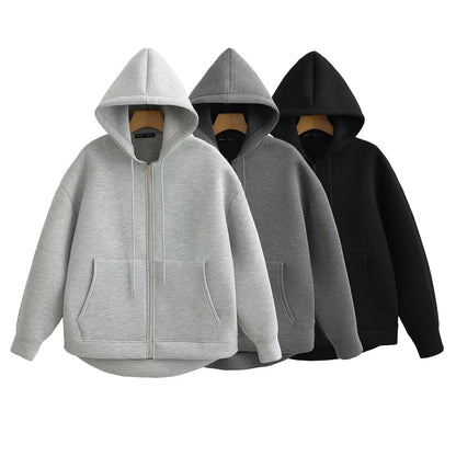 Women's Zipper Hoodie Oversize Jacket – Casual Outerwear Double Pocket Coat