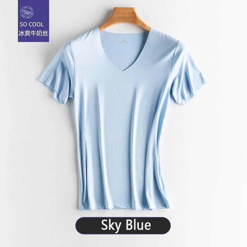 Men's Ice-Silk V-Neck T-Shirt – Seamless Breathable Sports Tee (M–5XL)