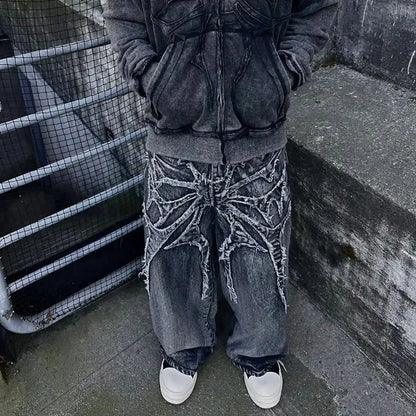 Y2K Retro Oversized Baggy Unisex Mopping Pants Phantom Jeans Men High Street Spider Embroidered Patch Hip Hop Streetwear Gothic