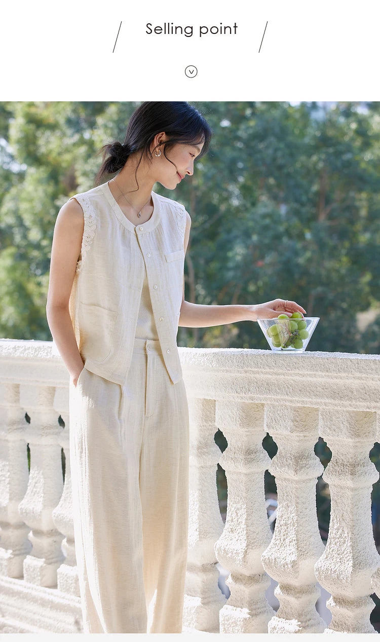 VIMLY Linen Blend Pant Set Two Piece Old Money Style Woman Summer Outfits 2026 Sleeveless Vest Wide Legs Pants Lady Suit A0820
