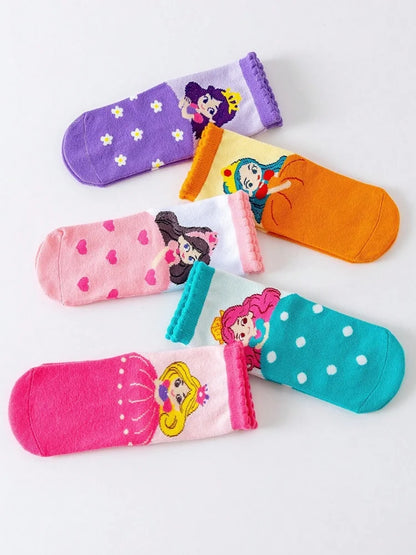 5 Pairs of Kidsren's Cartoon Socks, Autumn and Winter Baby Cute Princess Socks, Spring and Summer Girls Can Wear Soft Mid-calf Socks