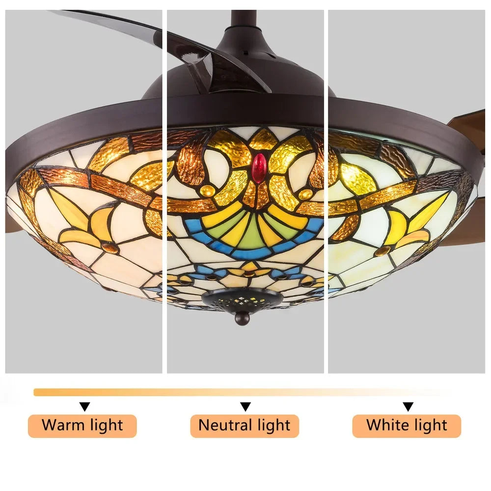 42 in Tiffany Style Ceiling Fan W/ Light, Remote Control, 3 Color Changing LED & 3 Speed Setting, Modern Fan for Living Room Use
