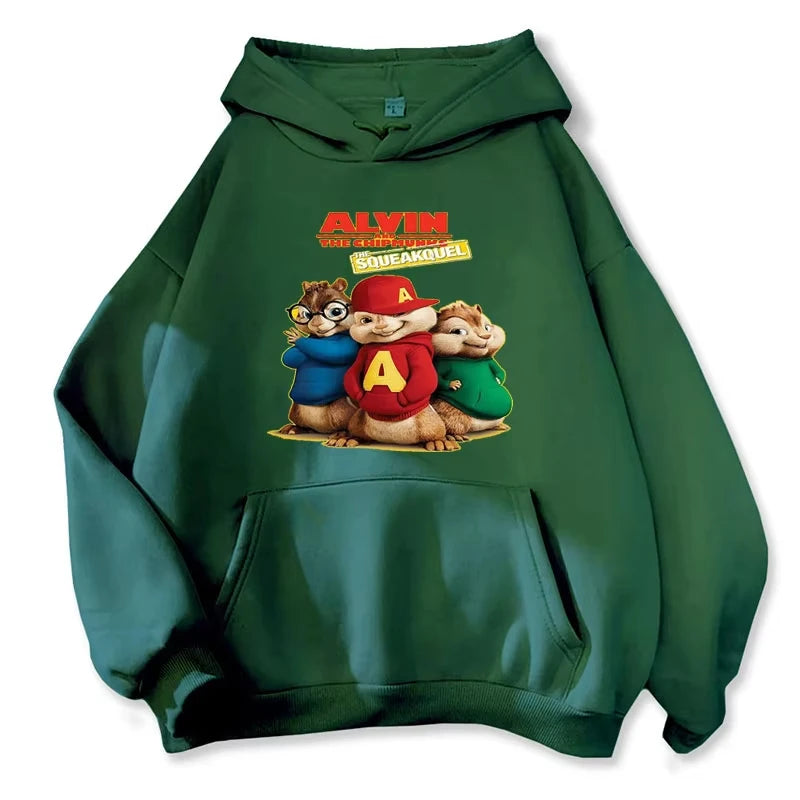 Soft Comfortable Cartoon Hoodie Alvin and The Chipmunks Green Red Navy Blue Long Sleeve Hoody Sweatshirts Movie Promo Animation