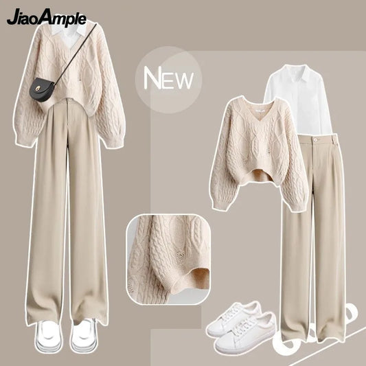 Women Autumn/Winter Suit 2025 New Fashion Hole Knitted Sweater White Shirt Casual Pants 3-Piece Set Korean Elegant Matching Set