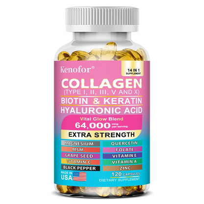 Collagen Capsules with Types I,II,III,V,X + Biotin Keratin Vitamins, Anti‑Aging, Skin Whitening, Hair, Nail Care & Joint Support