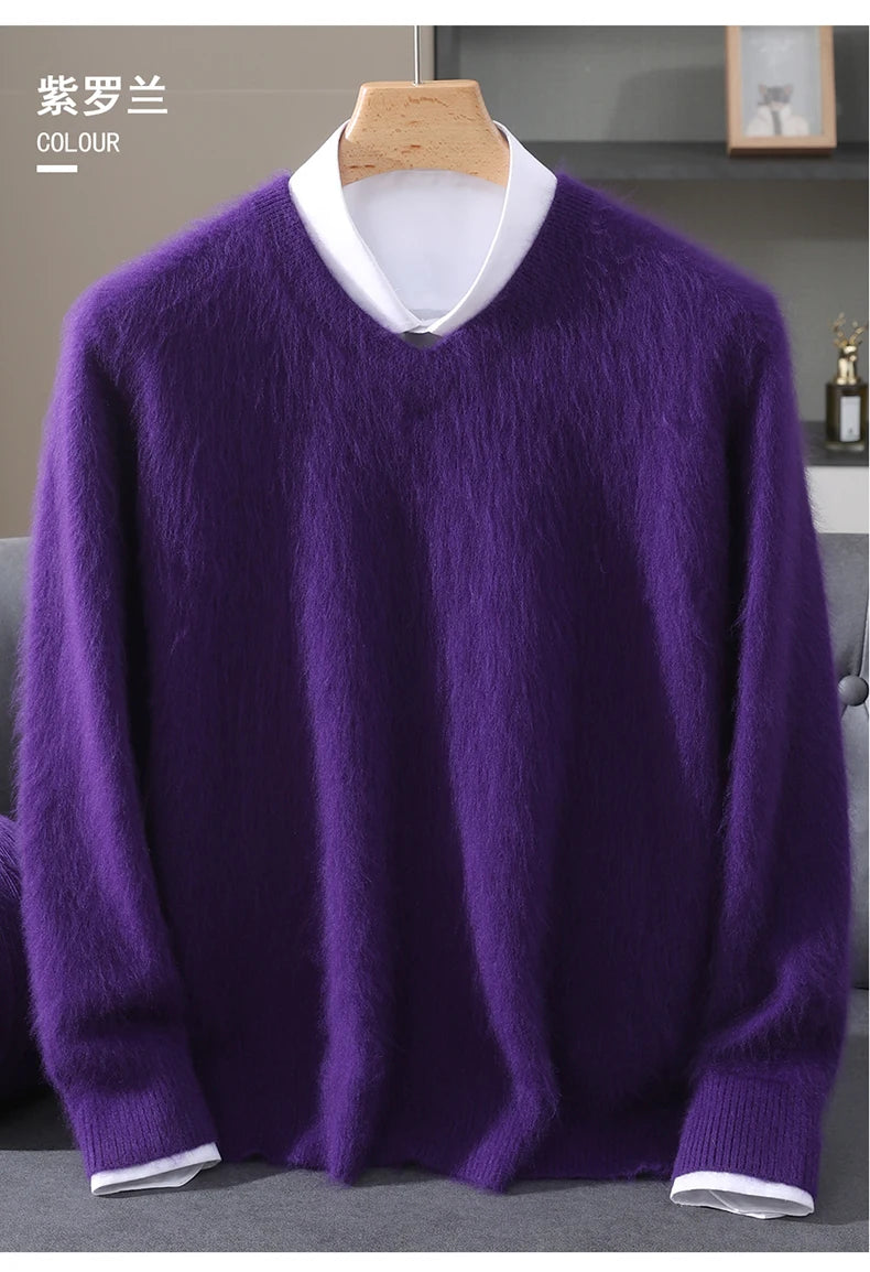 Men's 100% Pure Mink Cashmere Sweater V-neck Pullover Knit Bottoming Shirt Autumn And Winter New Long-Sleeve High-End Mink Tops