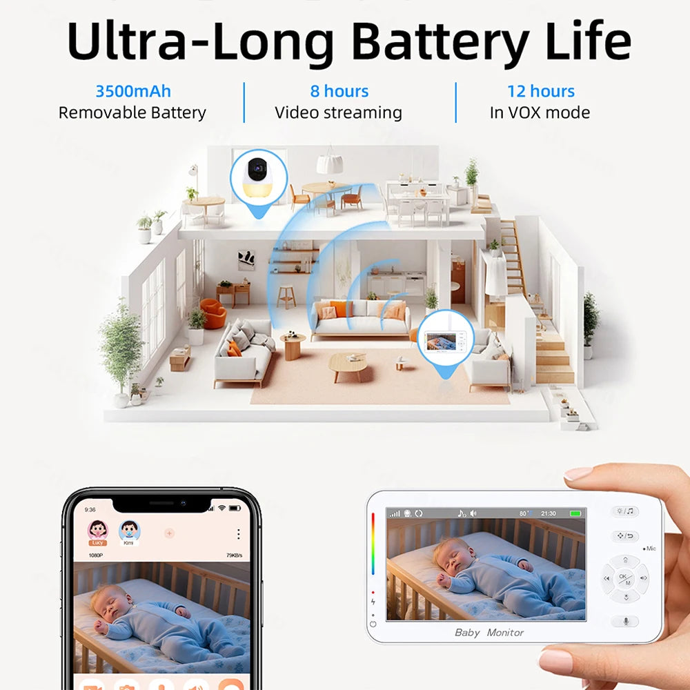 1080P HD WiFi Baby Monitor Phone APP Remote View 4.3" Nanny Night Light VOX HD Night Vision Lullabies Temperature Monitor Camera