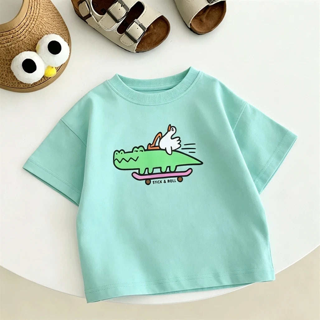 Printing Tshirt Child Boys Summer Crewneck Tops Loose Pure Cotton Tees Kids Cute Print T-shirt Baby Clothes Thin Short Sleeve