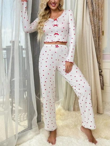 Autumn Winter Pajama Set for Women Sleepwear Knitted V-Neck Heart Print Loose Tops and Elastic Long Pants Sets Loungewear