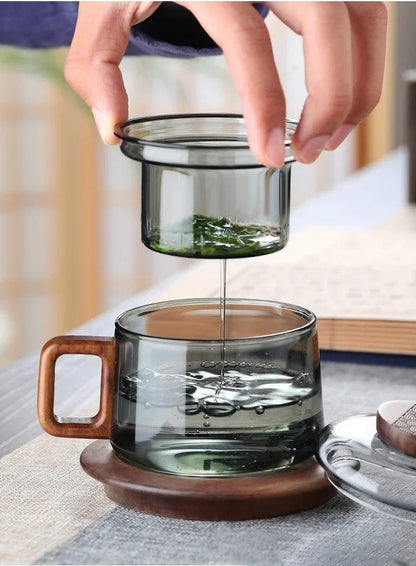 Heat Resistant Glass Tea Infuser Cup - 200ml Teacup with Wood Handle and Filter for Kung Fu Tea Set - ZOOMNSTORE