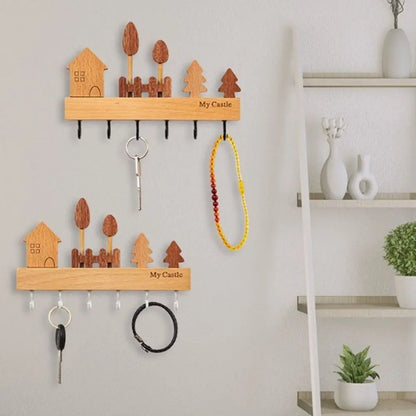 Charming Solid Wood Key Hook Rack - Punch-Free Wall Mount Storage For Keys, Coats & Towels - Perfect Home Decor Accessory