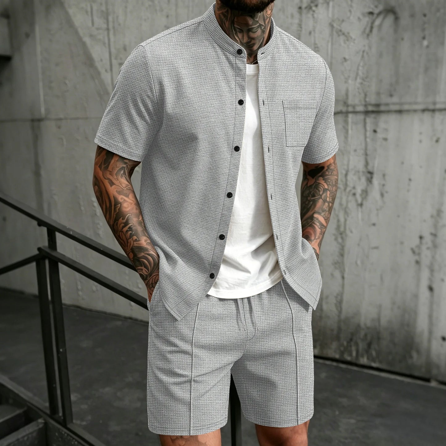Men's new summer style waffle plain-color crew-neck t-shirt with pocket short-sleeved set with beach shorts men's casual suit