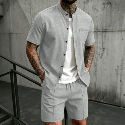 Men's new summer style waffle plain-color crew-neck t-shirt with pocket short-sleeved set with beach shorts men's casual suit