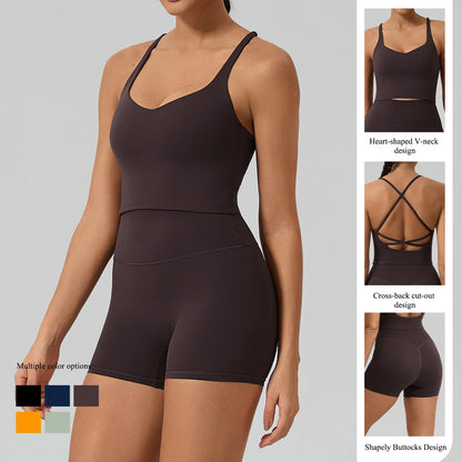 Hearuisavy Sports Tank Top Fitness Set 2Pcs Women Cross-Back Quick Dry Workout Vest Breathable High Waisted Tight Yoga Shorts