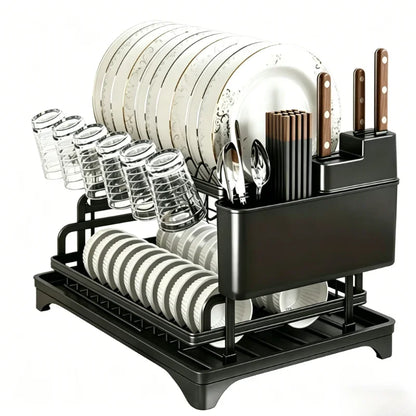 2-Tier Black Full Set Dish Drying Rack, 360° Rotating Drainboard with Utensil Holder, No-Drill Kitchen Organizer Gift
