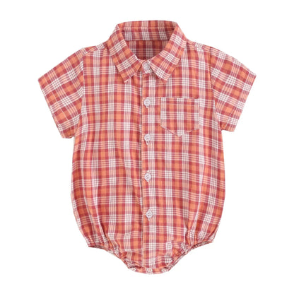 Baby Boys Bodysuit - Soft Cotton Fabric Summer Baby Bodysuit with Plaid Pattern