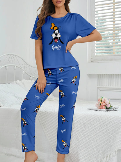 Women's 2-piece Disney Goofy Cute Cartoon Pattern Short sleeved Top and Pants Nightwear Home Clothes