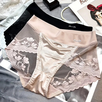 Women Luxury Satin panties Tummly control summer Sexy Lace briefs High waist Plus size Cotton crotch Breathable Underpants Linge
