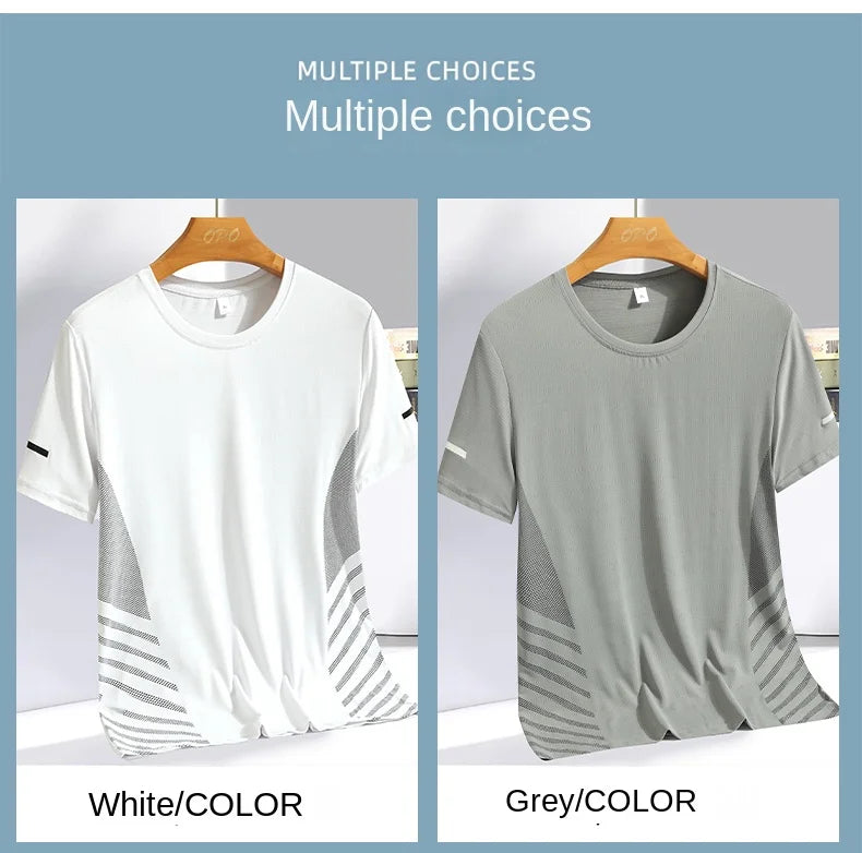 Running T-shirt Men Summer Ice Silk Thin Top Reflective Printing Quick Dry Short Sleeve Breathable Fitness Sports T-shirt 5XL