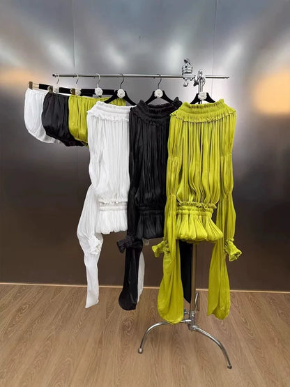 GALCAUR Solid Loose Spliced Folds Mini Dress for Women Slash Neck Long Sleeves Patchwork Elastic Waist Dresses Female Fashion