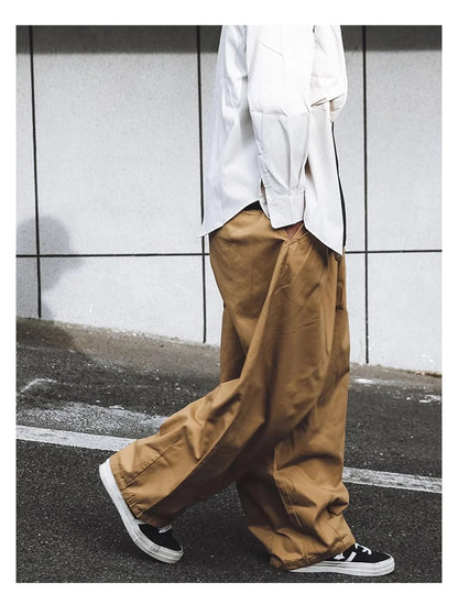 Solid Color Wide Leg Cargo Pants Mens Baggy Pleated Streetwear Elastic Waist Casual Loose Trousers Men