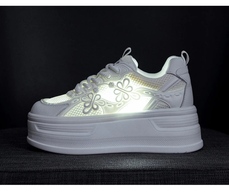 Womens White Mesh Platform Sneakers Breathable Thick Sole Casual Shoes With Flower Embroidery Lightweight Non Slip For Summer Da