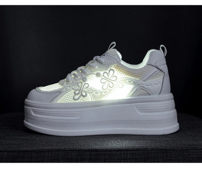 Womens White Mesh Platform Sneakers Breathable Thick Sole Casual Shoes With Flower Embroidery Lightweight Non Slip For Summer Da