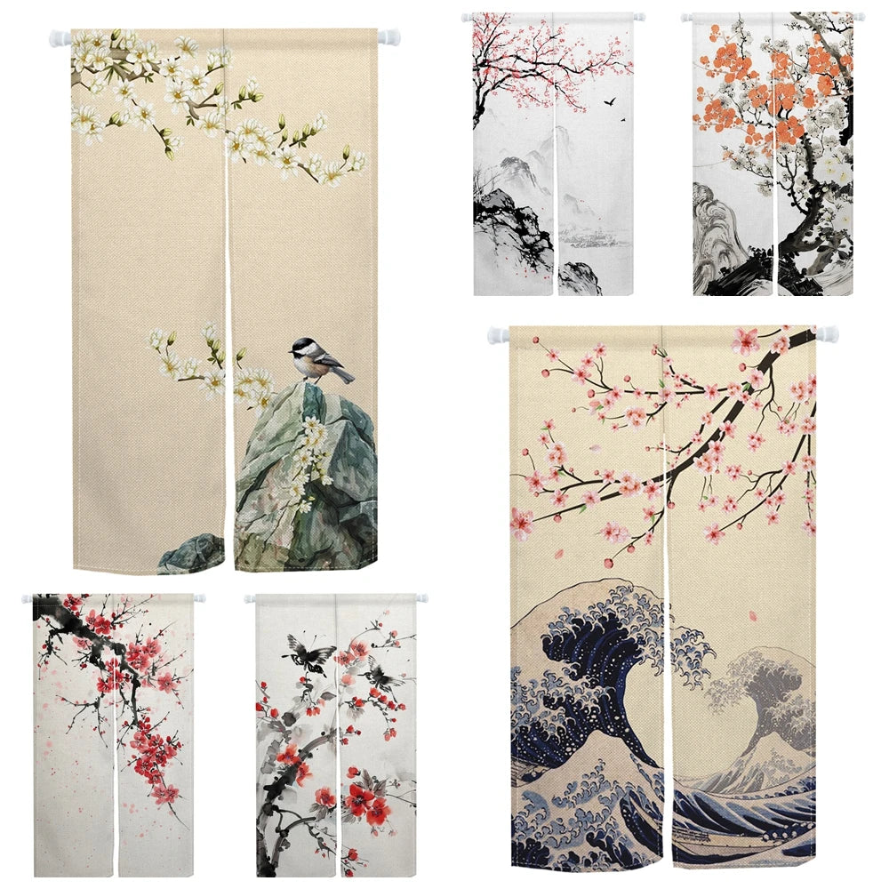 Japanese Door Curtain - Cherry Blossom Curtain With Kanagawa Wave Design | Linen Door Panel