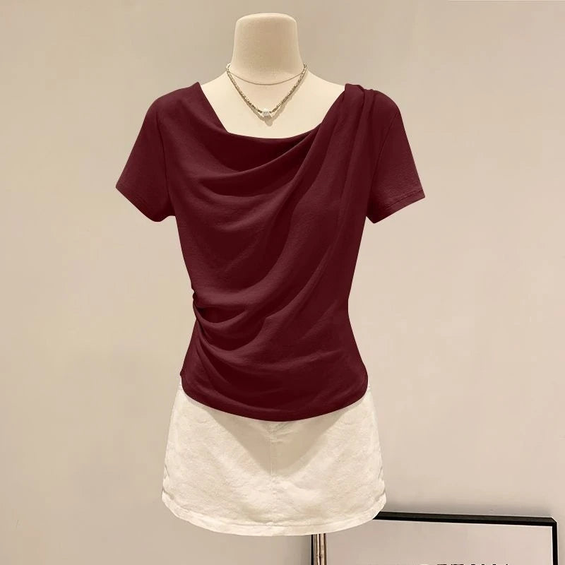 Summer Off Shoulder Top Women Summer Fashion Versatile Base Shirt Plus Size Slim Fit Short-sleeved T-shirt Casual and Sexy Beach