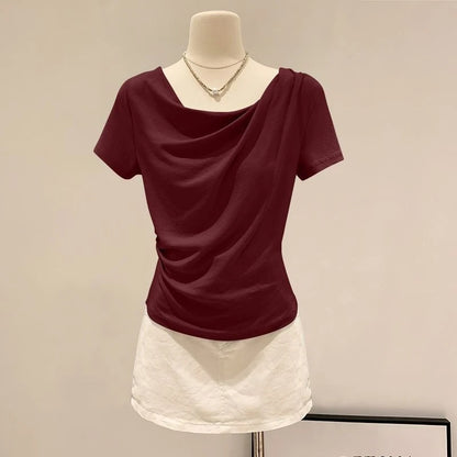 Summer Off Shoulder Top Women Summer Fashion Versatile Base Shirt Plus Size Slim Fit Short-sleeved T-shirt Casual and Sexy Beach