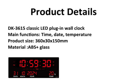 Large Digital Wall Clock with Alarm Temperature  Date Display - 14 LED Plug-In Clock
