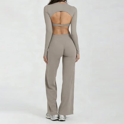 Running Sportswear Women 2 Piece Set Short Cropped Long Sleeve Top Straight Leg Yoga Pants Breathable Quick Dry Gym Suit
