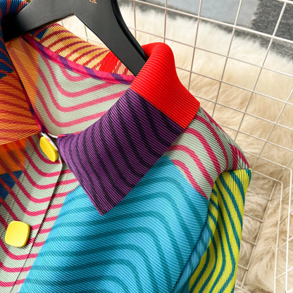 Miyake Pleated Drape Dress Women 2024 Spring Summer Colorblock Printing Lapel 3/4 Sleeve Single-breasted Fashion Shirt Dresses