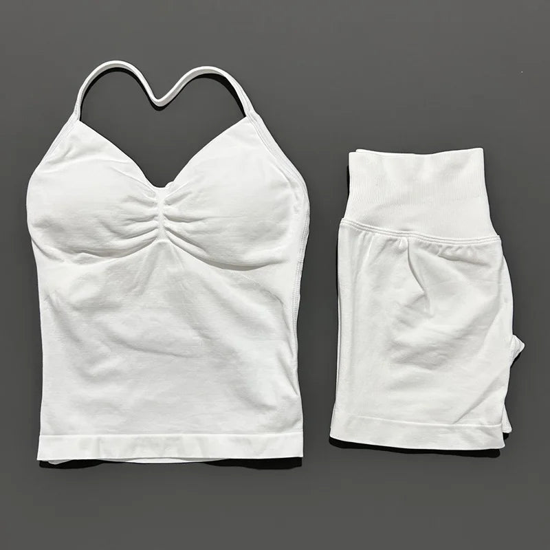 2Pcs HISTELLO Yoga Set Women Halter Tank Top Scrunch Butt Lifting Shorts Ruched Anti Chafe Quick Dry Gym Workout Sports Set