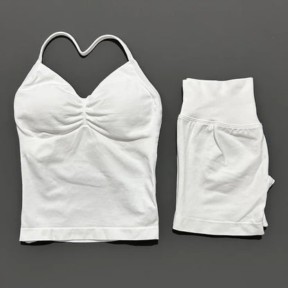 2Pcs HISTELLO Yoga Set Women Halter Tank Top Scrunch Butt Lifting Shorts Ruched Anti Chafe Quick Dry Gym Workout Sports Set