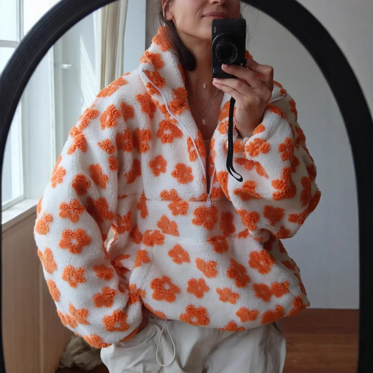 Fleece Flower Sweatshirt For Women 2025 Autumn Winter New Fashion Hoodies Warm Fur Top Zipper Pullovers Casual Outwear
