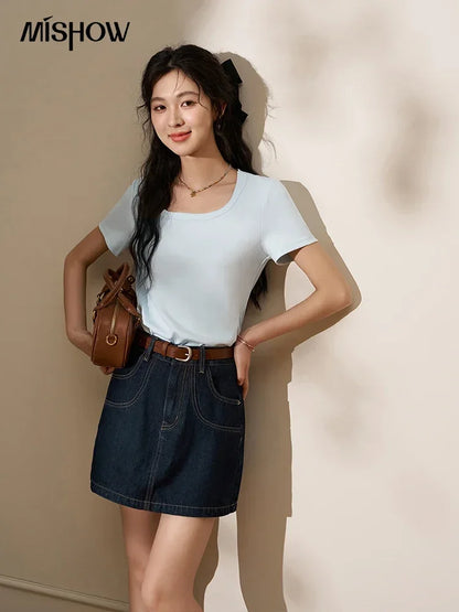 Women's Square-Neck T-Shirt – Elegant Cotton Short-Sleeve Top