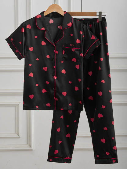 Women's Satin Silk Pajama Set Black Red Heart Print Short Sleeve Long Pants 2 Piece Loungewear Button Down Sleepwear