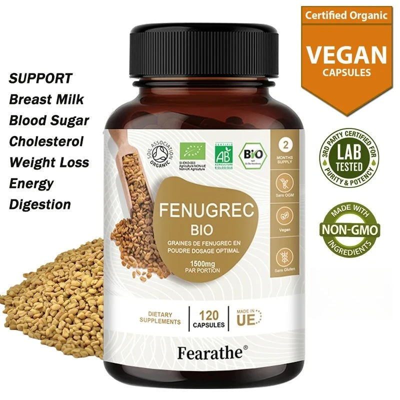 Organic Fenugreek Capsules with Vitamins & Calcium - 100% Vegan Fenugreek Powder Supplement for Women and Men
