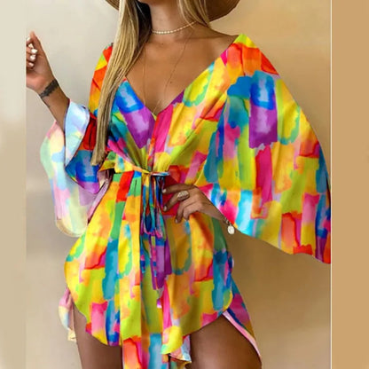 Women Print Dress - V-Neck Mini Sundress With Batwing Sleeve & Ruffle Detail