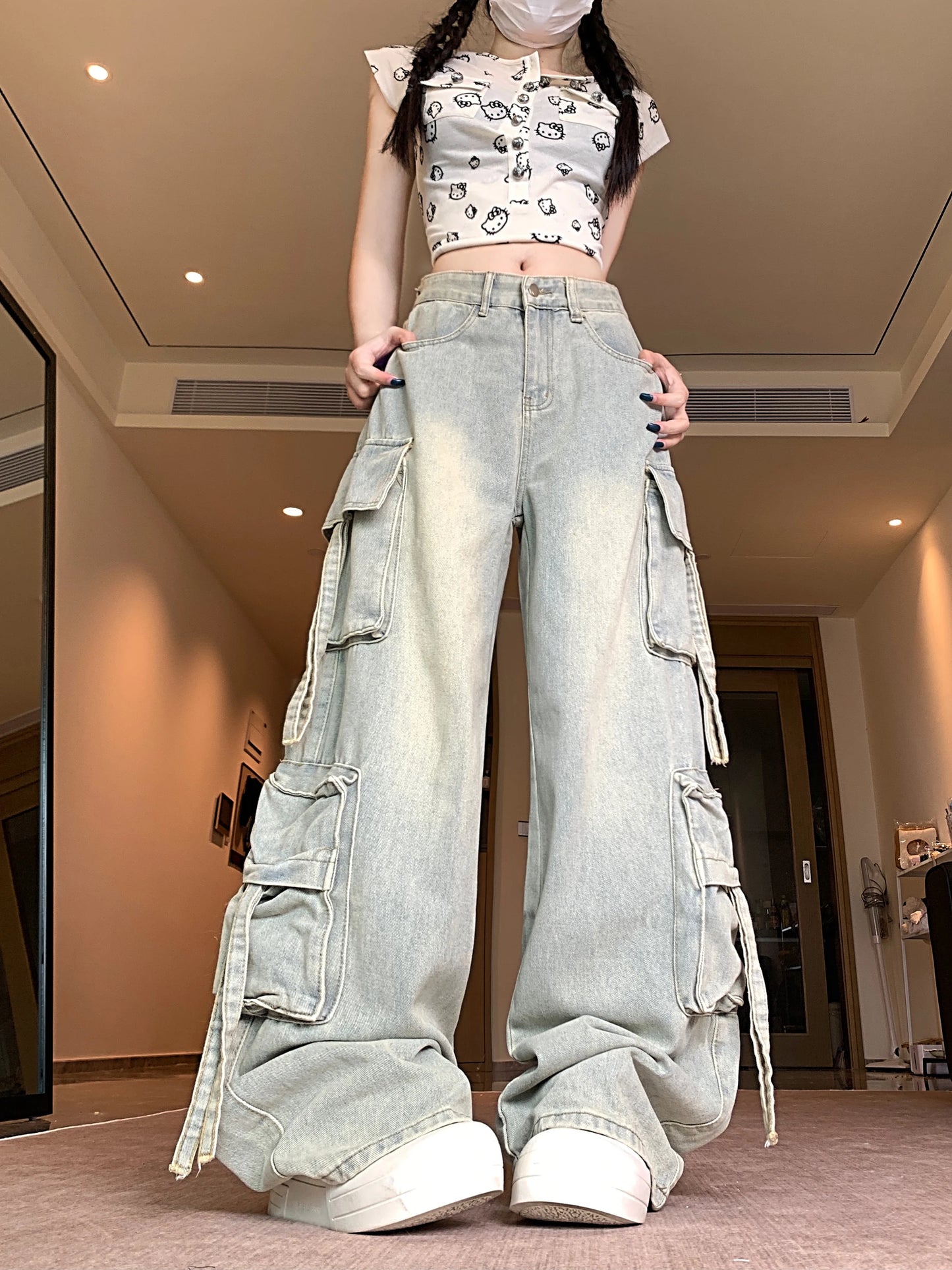 Women's Blue Multi Pocket Cowboy Pants Cargo Y2K Japanese Harajuku Streetwear Aesthetics Retro 90S Jeans Pants Clothing 2025 New
