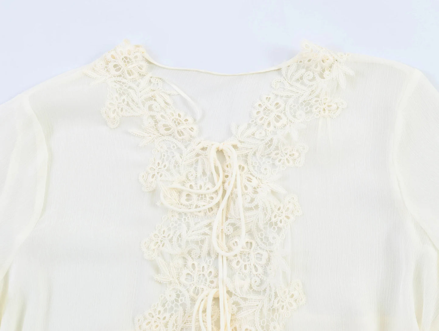 KONDALA Chic Lace Crochet Splicing See-through Shirts Women Elegant Leisure Lace-up Shirts 2026 Summer Trendy Lady Ruffles Shirt