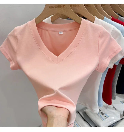 Summer Sexy V-neck Slim T Shirt Women Cotton Basic Solid Crop Tops Female Casual Tops Short Sleeve T-shirts 2026