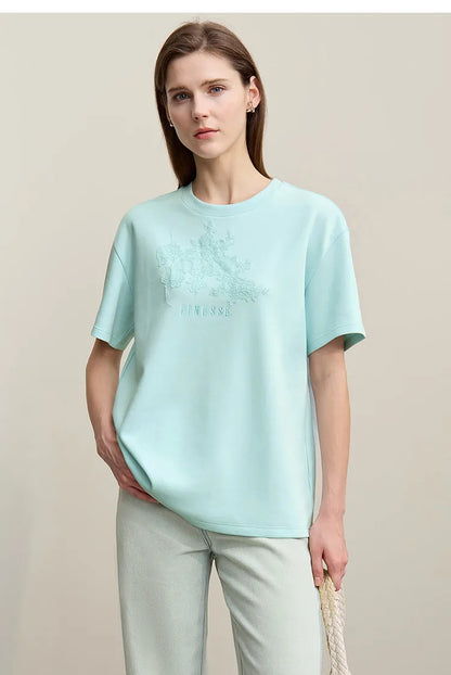 Amii Women's T-Shirt 2026 Summer New Round Neck Drop Shoulder Cotton Tee Lace Embroidered Woman Loose Fit knit Tops 12622048