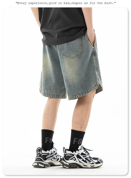 Baggy Denim Shorts - Men's Summer Casual Streetwear With Embroidery & Elastic Waist