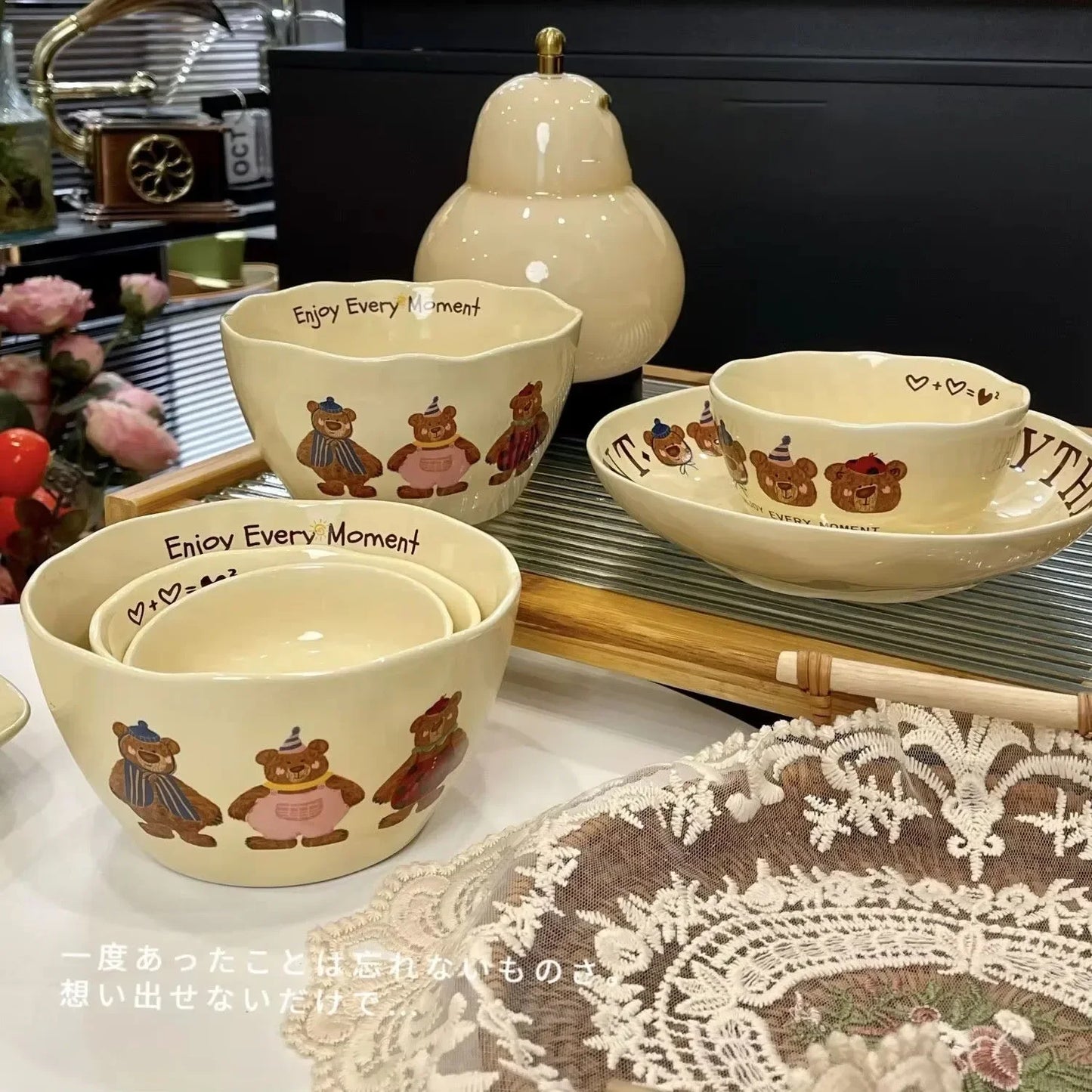 Korean Three Little Bear Cartoon Bowls - Cute Ceramic Tableware Set