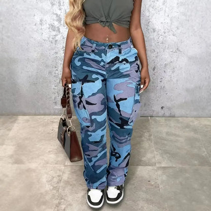 Women's Classic Multi Pocket Camouflage Straight Leg Pants, Button Closed Y2K Pants, Suitable for Daily Outdoor Wear in All Seas