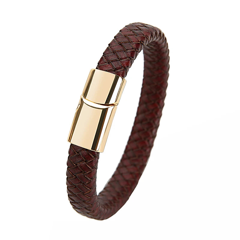 Mibrow Braided Black Leather Men Bracelet 10x5 12x6mm Size Fashion Metal Magnetic Clasp Wrap Bracelets Punk Charm Men Jewelry
