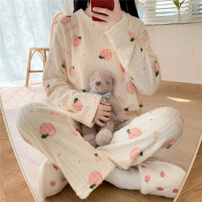 Winter Women's Pajamas Homewear Suit New Coral Fleece Warm Set of Fall and Winter Comfortable Warm Pajamas Homewear Suit